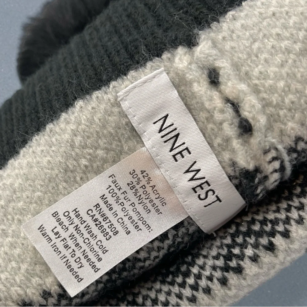 Nine West Fair Isle Faux Fur Trim Beanie Grey with Jewels RHINESTONES Knit Hat